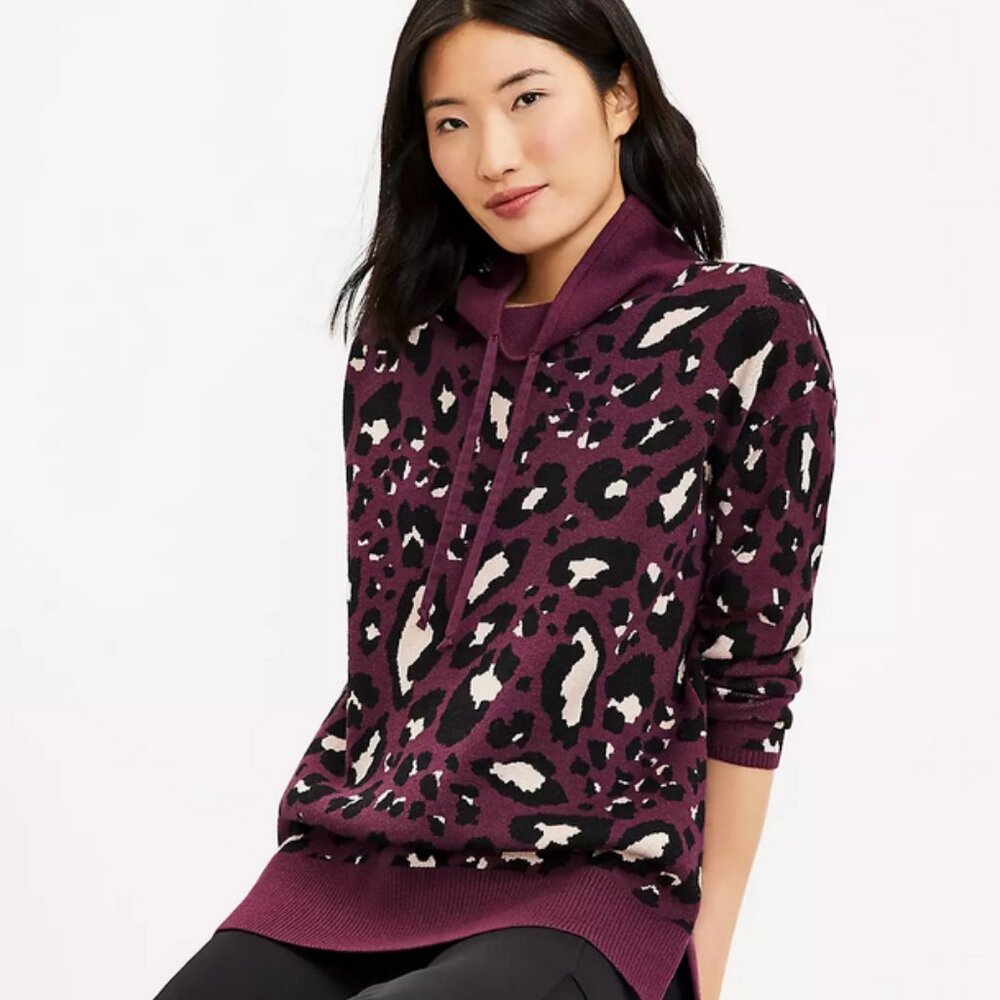 Lou & Grey Leopard Print Purple, Black, Ceam, Drawstring Neck Sweater S NWT